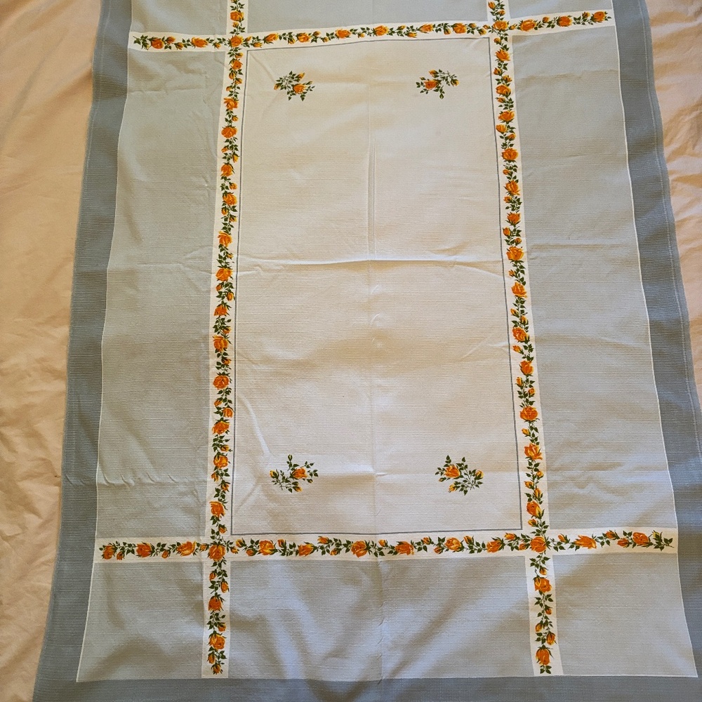 Small Vintage Orange Rosebud 100% Cotton Tablecloth, Grey Orange (37” x 50”)
